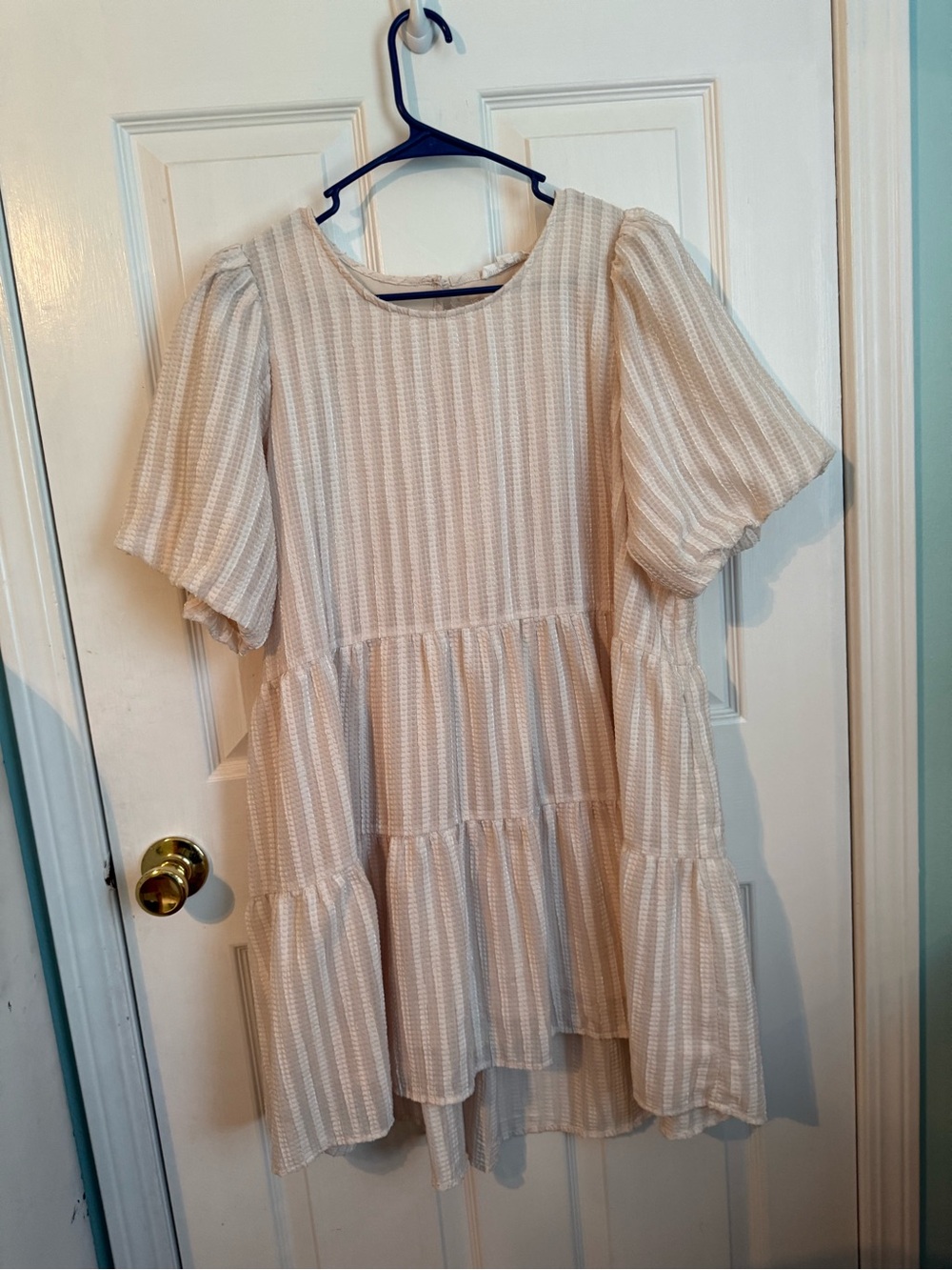 Blu Pepper Cream Striped Tiered Puff Sleeve Dress